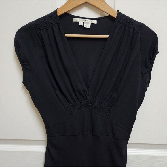 Zara Dress M Black 100% Silk V Neck Tie Back Cap Slv Midi Fitted Sheer Party - Picture 4 of 12